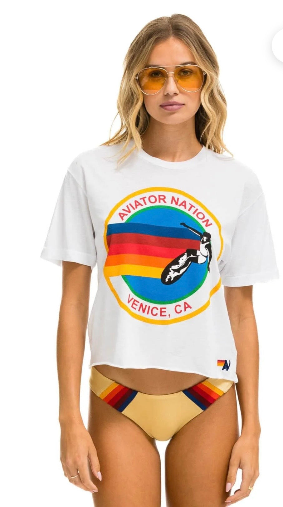 AVIATOR NATION SMALL LOGO BOYFRIEND TEE - WHITE