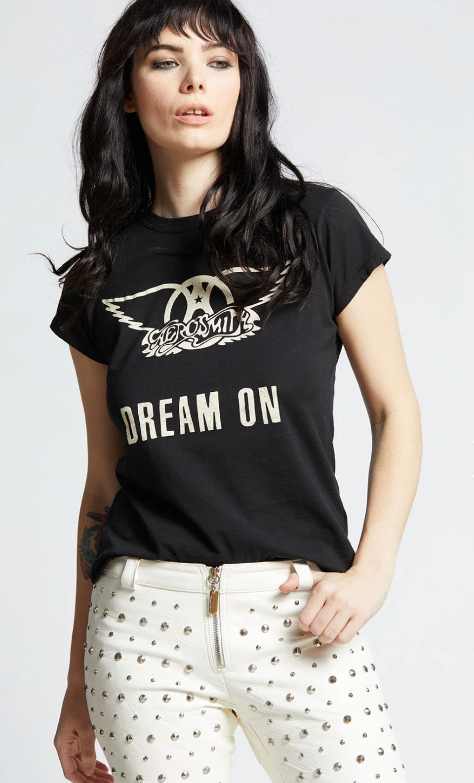RECYCLED KARMA Aerosmith Dream On Black Shrunken Baby Tee