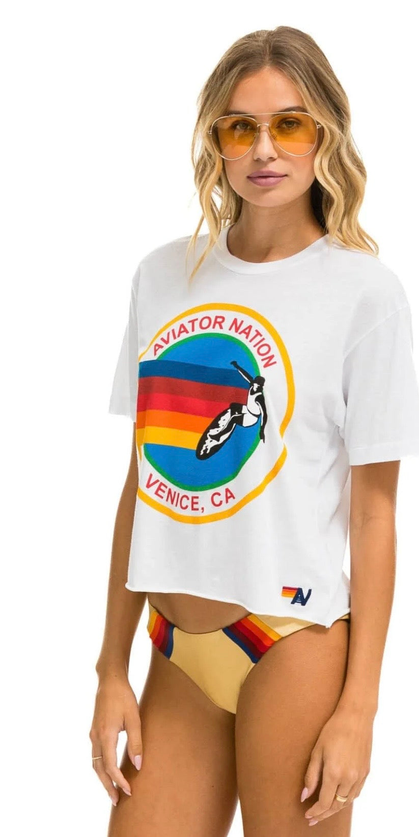 AVIATOR NATION SMALL LOGO BOYFRIEND TEE - WHITE