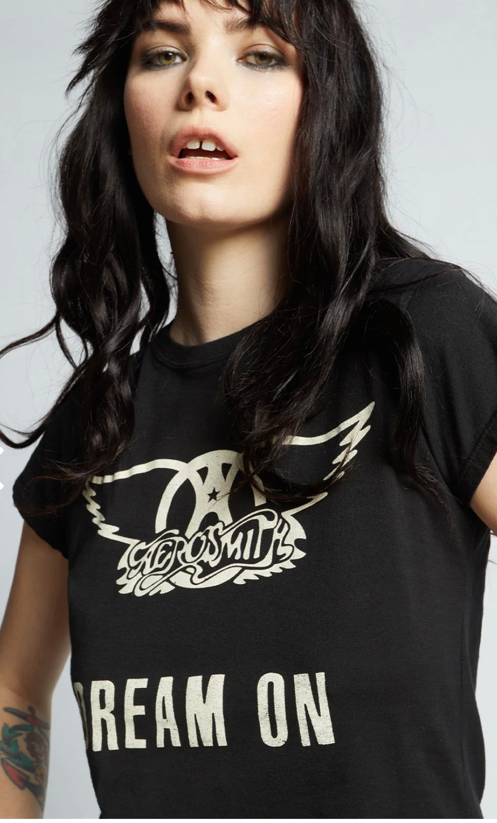 RECYCLED KARMA Aerosmith Dream On Black Shrunken Baby Tee