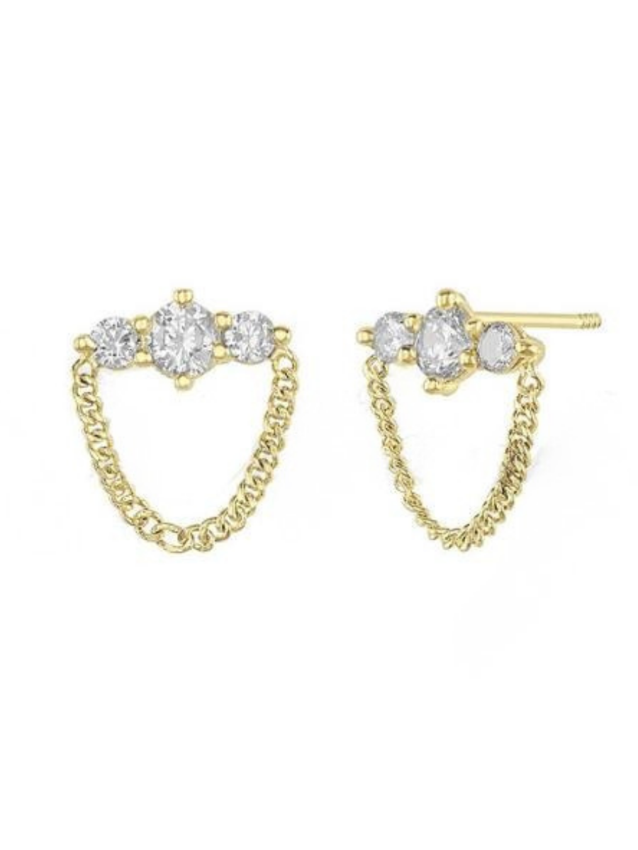 עגיל זהב 14K שיבוץ 3 זרקונים -זרקון 2מ"מ , 3מ"מ , 2מ"מ עם תלי שרשרת זהב צהוב