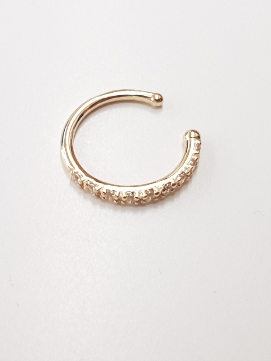 פירסינג זהב 14K בודד ללא חור שיבוץ זרקונים קוטר 9 מ"מ זהב צהוב