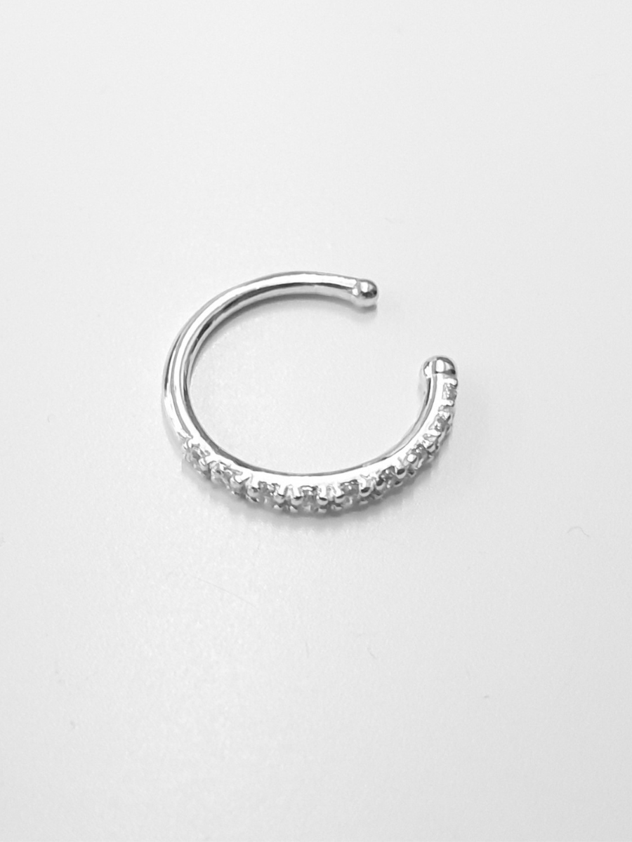 פירסינג זהב 14K בודד ללא חור שיבוץ זרקונים קוטר 9 מ"מ זהב לבן