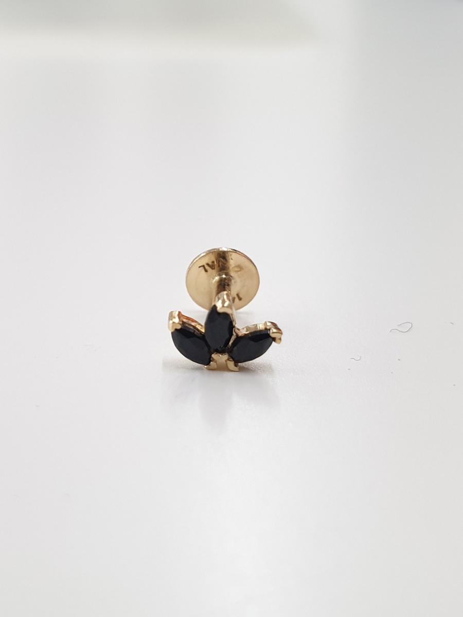 עגיל זהב 14K הליקס/טרגוס הברגה חצי פרח קטן זרקון שחור זהב צהוב