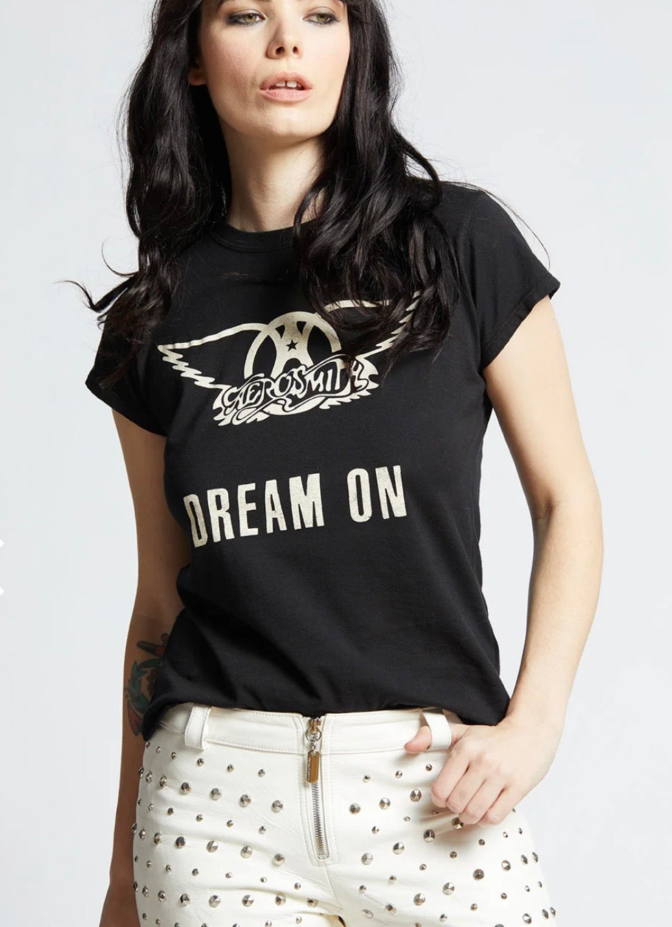 RECYCLED KARMA Aerosmith Dream On Black Shrunken Baby Tee